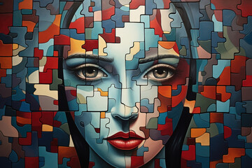 Female psychology, mental health art illustration. Front view portrait of a woman's face from a puzzle