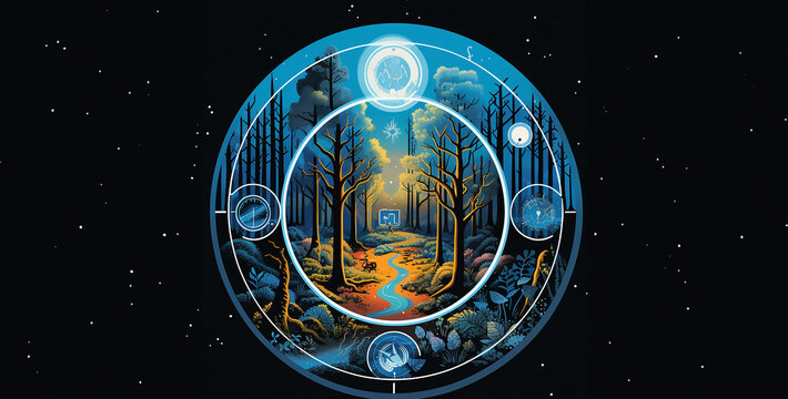 blue planet in the dark, an image for a website that mixes elements of forests