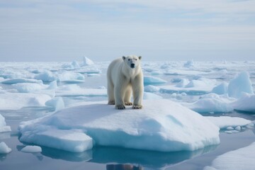 Polar bear standing on a melting snow floe during climate change.
