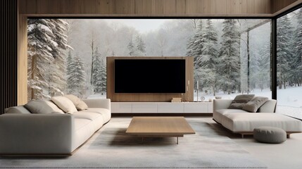 Tow White sofas with wooden coffee table against Tv on wooden glass wall, snowy tress, winter season.