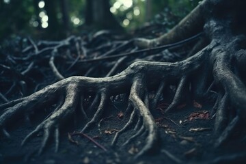 Close-up of intertwined tree roots in a forest, representing the interconnectedness and unity of nature
