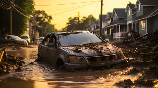 A dramatic image capturing the aftermath of heavy flooding caused by intense rainfall, underscoring the dangers of climate-related extreme weather events.
