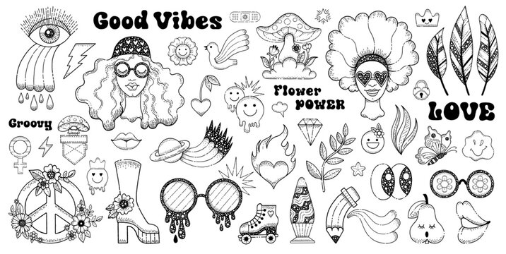 Retro stickers of groovy girls tattoo. Fashion art of 70s. Vintage icons set with cute hippie women in sunglasses, funky butterflies, flowers, symbol of peace and love. Vector hand drawn illustration