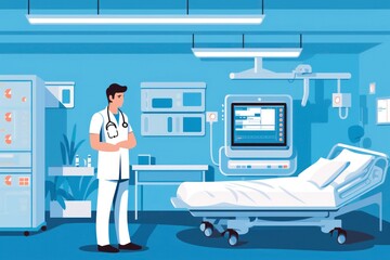 Cartoon of doctor working in hospital. - obrazy, fototapety, plakaty