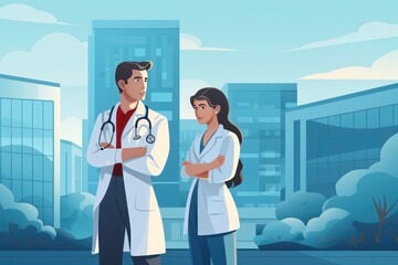Cartoon of doctor working in hospital. - obrazy, fototapety, plakaty