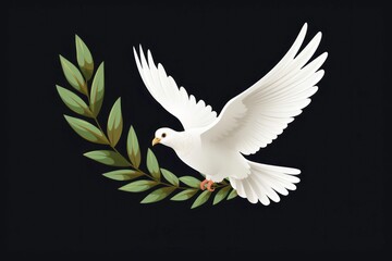 Logo of white bird on the branch of tree on dark background.