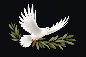 Logo of white bird on the branch of tree on dark background.
