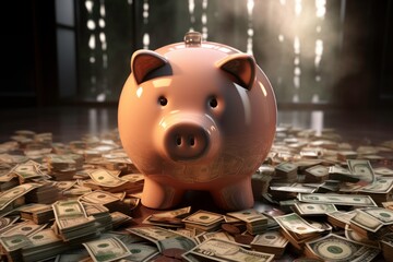 An overflowing piggy bank filled with coins and cash, highlighting the significance of saving and financial prudence - obrazy, fototapety, plakaty
