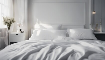 Fototapeta na wymiar Decorative hotel bedroom with predominantly white color
