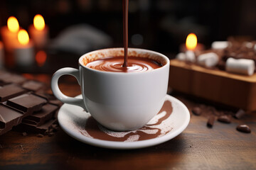 Pouring hot chocolate into a white cup on a background of chocolate and candles.generative ai