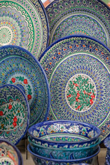 Fergana ceramics in the Samarkand market in Uzbekistan.