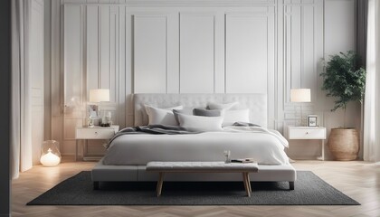Decorative hotel bedroom with predominantly white color