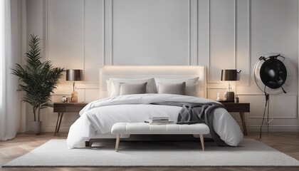 Decorative hotel bedroom with predominantly white color