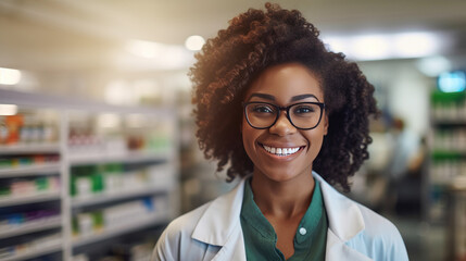 Courteous smiling black female pharmacist in white coat assists clients in pharmacy providing advice and help with medications, knowledgeable pharmacist care of customers health - obrazy, fototapety, plakaty