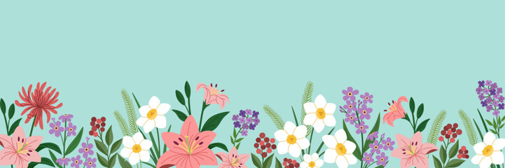 Floral banner. Horizontal border with beautiful plants. Blooming spring flowers. Hand drawn vector illustration isolated on blue background. Modern flat cartoon style.