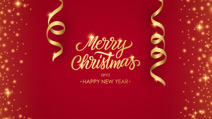 Obraz na płótnie Canvas Merry Christmas and Happy New Year celebration banner. Festive background for holiday greetings and Christmas invitations. Glittering sparks. Red background. Vector illustration.