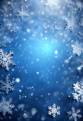 Blue sparkling Christmas and winter background with white snowflakes,