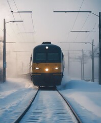 Passenger train moving through fog and heavy snow

