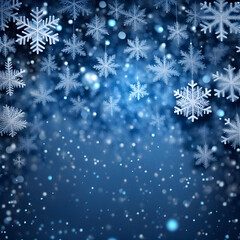 Fototapeta na wymiar Blue sparkling Christmas and winter background with white snowflakes,