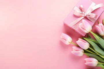 Fototapeta na wymiar Top-down image of an elegant pink gift box with a ribbon bow and a tulip bouquet on a soft pastel pink background, providing space for your text.