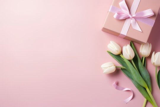 Top-down image of an elegant pink gift box with a ribbon bow and a tulip bouquet on a soft pastel pink background, providing space for your text.