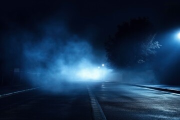 Road of rays, spotlights, empty dark scene, blue light, asphalt, dark street, smoke
