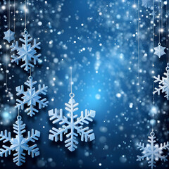 Naklejka na ściany i meble Blue sparkling Christmas and winter background with white snowflakes,