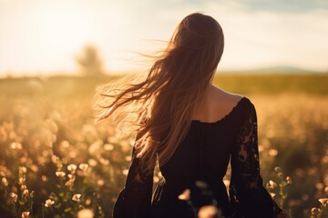 Rear view of beauty girl outdoors enjoying nature, beautiful teenage model girl in black dress standing on the spring field, sun light, freedom concept - obrazy, fototapety, plakaty