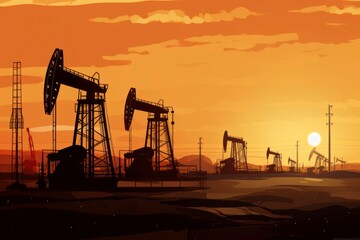 Silhouettes of oil drilling derricks in a desert oilfield, extracting crude oil from the ground. Representing petroleum production.