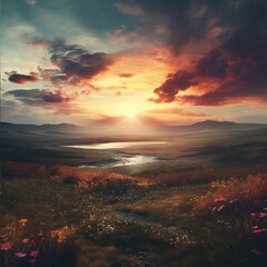 cinematic wide shot of nature with sunrise, vintage colours, surreal flaire