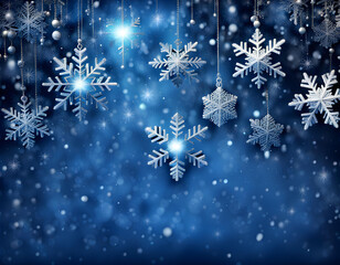 Blue sparkling Christmas and winter background with white snowflakes,