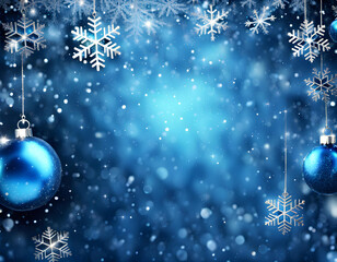 Blue sparkling Christmas and winter background with white snowflakes,
