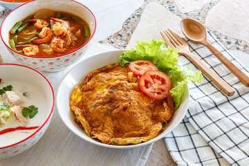 Thai street food, traditional Thai Omelet for lunchtime, Thai Breakfast, top view