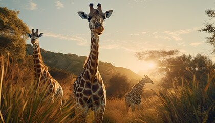 giraffe in the wild - obrazy, fototapety, plakaty