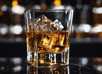 Splashing golden whiskey in glass with ice cubes on dark marble. Space for text


