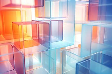 Multi-colored glass cubes, transparent geometric shapes, complex structure. Minimalistic abstract background.