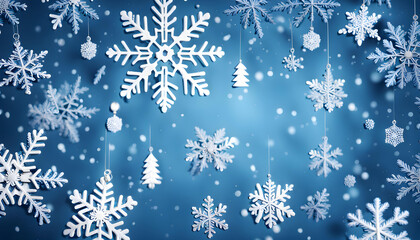 Blue sparkling Christmas and winter background with white snowflakes,