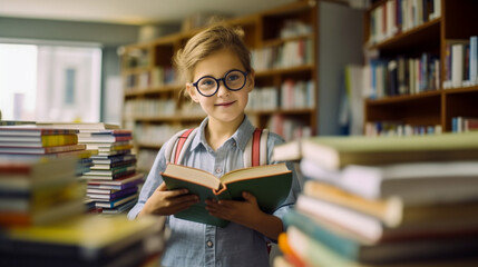 A child shows the books in a library, new school year. Back to school concept.
