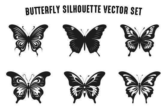 Butterfly Silhouettes Vector illustration Set, Flying butterflies silhouette black Collection, Monarch clipart Bundle isolated on a white background