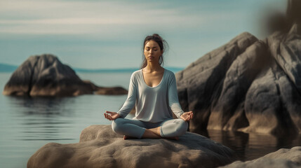 Fototapeta na wymiar woman meditating on beach. A young woman meditating on a rock at the seashore on the beach, practicing mindfulness and focused breathing to improve her mental well-being.breath work concept.