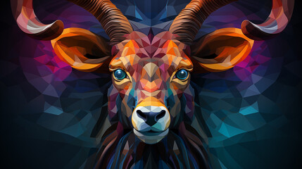 Colourful geometric illustration of a alpine goat. Poly graphic on black background.
