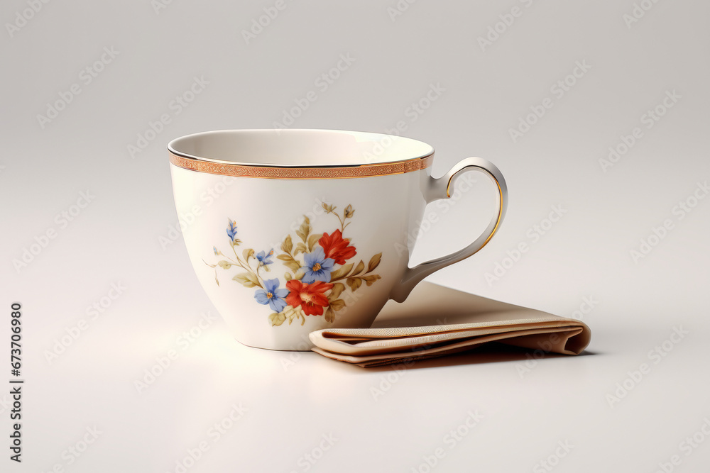 Wall mural beautiful old tea or coffee cup with flower drawing with napkin isolated on light background.generat