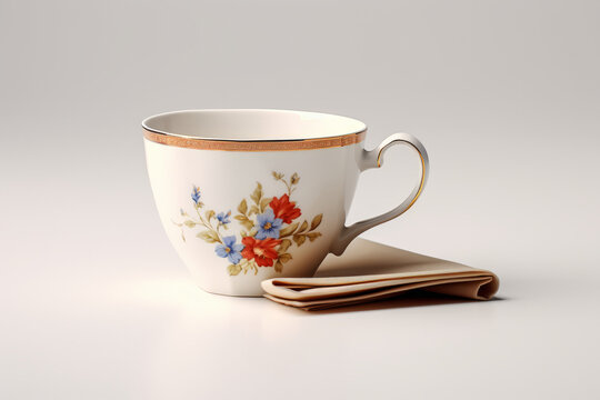Beautiful old tea or coffee cup with flower drawing with napkin isolated on light background.generative ai