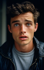 Fototapeta premium Close-up of a young man with an amazed and a little scared look