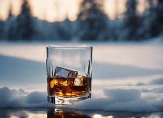 Whiskey glass with ice and bottle blurry at back, in snow


