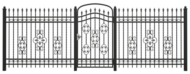 Elements of forded fence with supports and a gate. Wrought iron fence. 3D render. PNG file.