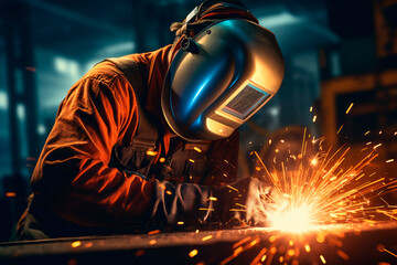 Industrial welder welding fabricated construction in factory. Welding process by Shielded Metal Arc Welding or Stick Welding. - obrazy, fototapety, plakaty