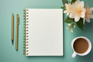Empty notebook with a pen and pencil next to it, with tea and flower elements on a beautiful turquoise and green background with space for text or inscriptions, top view.generative ai