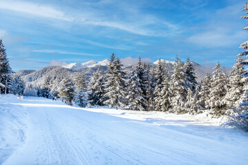 Bansko ski slope and snow Pirin peaks, Bulgaria