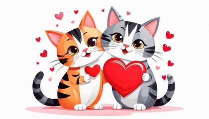 Cute romantic cats with hearts isolated on white with copy space